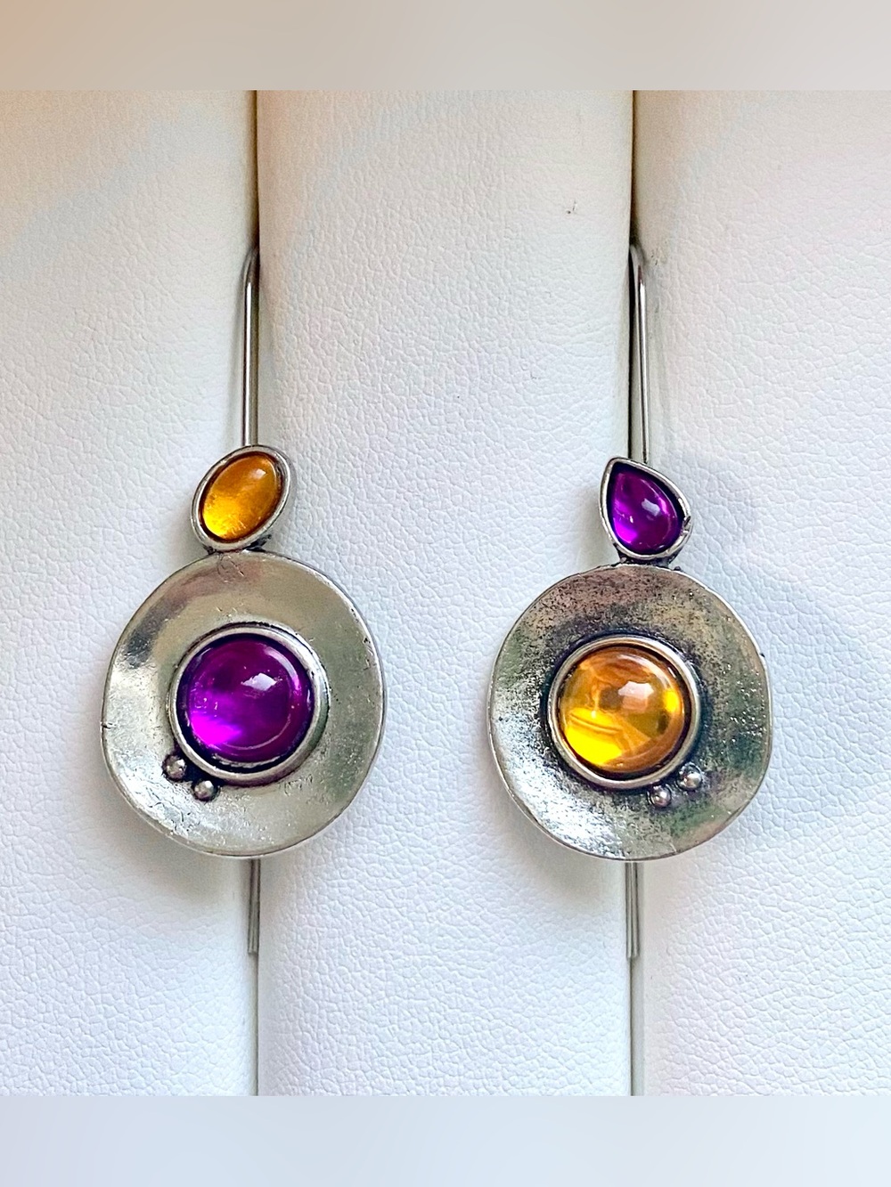 Silver Drop Earrings with Purple and Amber Cabochons
